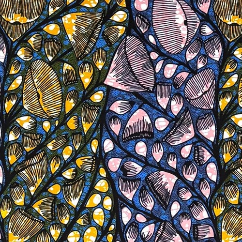 アフリカンプリント 布 生地 50cm単位 AP-13587  ジギタリス 背が高い花 ピンク 黄土色 ブルー地   アフリカ 布 ブロード カットクロス ハンドメイド パッチワーク エコバッグ 手芸材料 ダンス 舞台 衣装 通園通学に