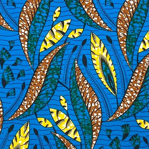アフリカンプリント 布 生地 50cm単位 AP-13591  水中で揺らぐ葉っぱ 黄色 青地   アフリカ 布 ブロード カットクロス ハンドメイド パッチワーク エコバッグ 手芸材料 ダンス 舞台 衣装 通園通学に