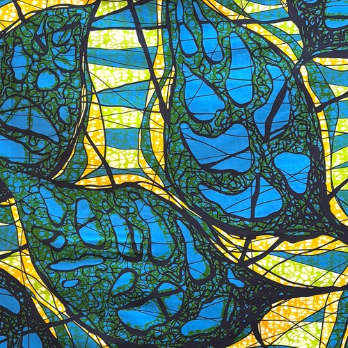 アフリカンプリント 布 生地 50cm単位 AP-13630　おばけ葉っぱ 現代アート 青　アフリカ 布 ブロード カットクロス ハンドメイド パッチワーク エコバッグ 手芸材料 ダンス 舞台 衣装 通園通学に