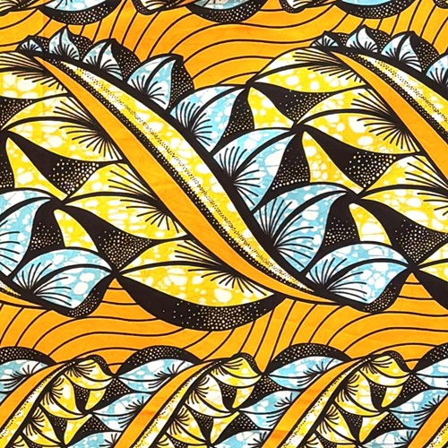 アフリカンプリント 布 生地 50cm単位 AP-13649 螺旋の柳葉 オレンジ 黄色 サックス　アフリカ 布 ブロード カットクロス ハンドメイド パッチワーク エコバッグ 手芸材料 ダンス 舞台 衣装 通園通学に