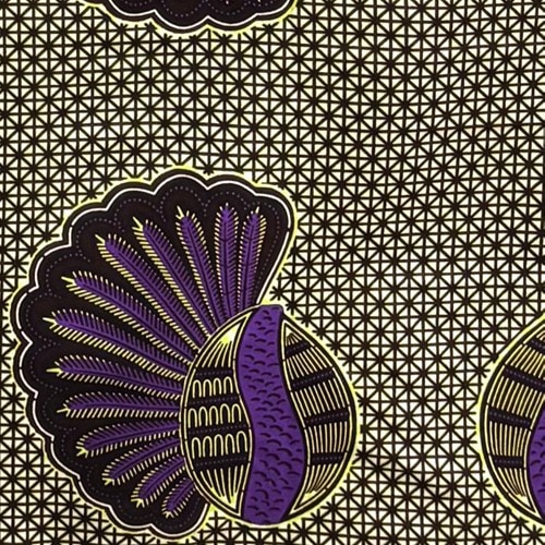 アフリカンプリント 布 生地 50cm単位 AP-13642 ヤシの実 パープル 黄色 焦げ茶ライン　アフリカ 布 ブロード カットクロス ハンドメイド パッチワーク エコバッグ 手芸材料 ダンス 舞台 衣装 通園通学に 