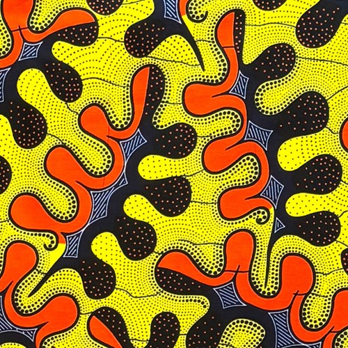 アフリカンプリント 布 生地 50cm単位 AP-13659 にょろにょろ 金赤 濃紺 黄色地　アフリカ 布 ブロード カットクロス ハンドメイド パッチワーク エコバッグ 手芸材料 ダンス 舞台 衣装 通園通学に