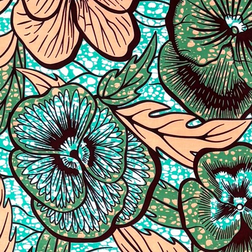 アフリカンプリント 布 生地 50cm単位 AP-13688　優しい色のパンジー パウダーオレンジ 淡モスグリーン　アフリカ 布 ブロード カットクロス ハンドメイド パッチワーク エコバッグ 手芸材料 ダンス 舞台 衣装 通園通学に