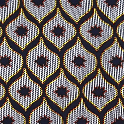 アフリカンプリント 布 生地 50cm単位 AP-13699　コングレ 品格 ブルー 濃紺 朱色ｘ黄色　アフリカ 布 ブロード カットクロス ハンドメイド パッチワーク エコバッグ 手芸材料 ダンス 舞台 衣装 通園通学に