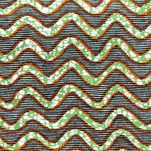 アフリカンプリント 布 生地 50cm単位 AP-13696　モスグリーンウェーブ オレンジ線入り 濃紺線 　アフリカ 布 ブロード カットクロス ハンドメイド パッチワーク エコバッグ 手芸材料 ダンス 舞台 衣装 通園通学に