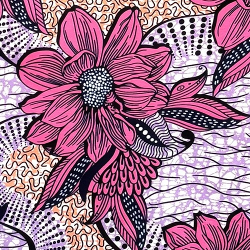 アフリカンプリント 布 生地 50cm単位 AP-13709　マーガレットに流水 ピンク　アフリカ 布 ブロード カットクロス ハンドメイド パッチワーク エコバッグ 手芸材料 ダンス 舞台 衣装 通園通学に