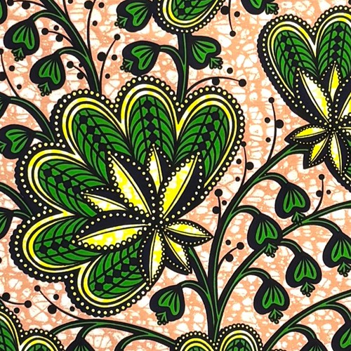 アフリカンプリント 布 生地 50cm単位 AP-13713　サイケデリックフラワー グリーン ペールオレンジ色地　アフリカ 布 ブロード カットクロス ハンドメイド パッチワーク エコバッグ 手芸材料 ダンス 舞台 衣装 通園通学に