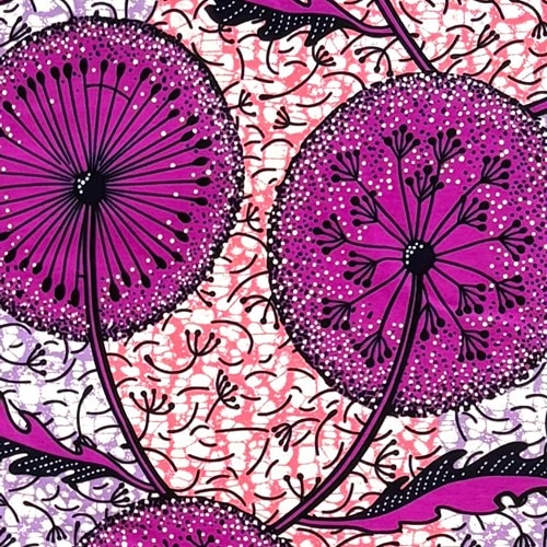 アフリカンプリント 布 生地 50cm単位 AP-13711　ポムポムタンポポ ピンクパープル　アフリカ 布 ブロード カットクロス ハンドメイド パッチワーク エコバッグ 手芸材料 ダンス 舞台 衣装 通園通学に