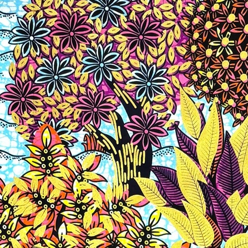 アフリカンプリント 布 生地 50cm単位 AP-13742　ぎっしり花が咲く木の森 ゴールドラメ ピンク パープル 薄水色地　アフリカ 布 ブロード カットクロス ハンドメイド パッチワーク エコバッグ 手芸材料 ダンス 舞台 衣装 通園通学に