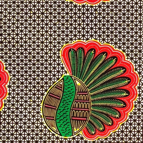 アフリカンプリント 布 生地 50cm単位 AP-13731　ヤシの実 朱色 緑 こげ茶 黄色　アフリカ 布 ブロード カットクロス ハンドメイド パッチワーク エコバッグ 手芸材料 ダンス 舞台 衣装 通園通学に