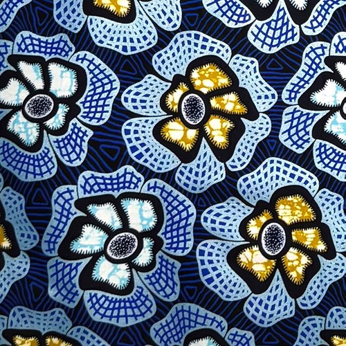 アフリカンプリント 布 生地 50cm単位 AP-13737　鈴なりパンジー  青 アイスブルーラメ 黒地　アフリカ 布 ブロード カットクロス ハンドメイド パッチワーク エコバッグ 手芸材料 ダンス 舞台 衣装 通園通学に