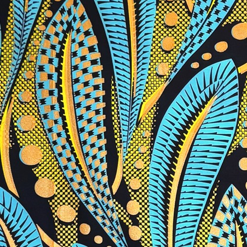 アフリカンプリント 布 生地 50cm単位 AP-13745　ゆらゆら格子柄の水中葉 ブルー オレンジラメ 黄色 黒　アフリカ 布 ブロード カットクロス ハンドメイド パッチワーク エコバッグ 手芸材料 ダンス 舞台 衣装 通園通学に