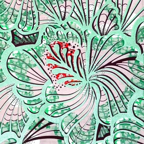 アフリカンプリント 布 生地 50cm単位 AP-13749　ふわふわ扇花 グリーン アイスグリーンラメ グレージュ　アフリカ 布 ブロード カットクロス ハンドメイド パッチワーク エコバッグ 手芸材料 ダンス 舞台 衣装 通園通学に