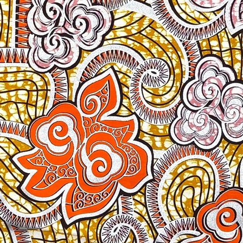 アフリカンプリント 布 生地 50cm単位 AP-13750　風雲の花 オレンジ シルバーラメ ピンク 黄土色地　アフリカ 布 ブロード カットクロス ハンドメイド パッチワーク エコバッグ 手芸材料 ダンス 舞台 衣装 通園通学に