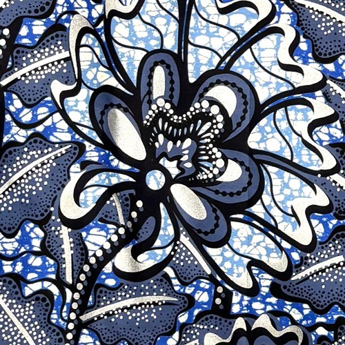 アフリカンプリント 布 生地 50cm単位 AP-13741　氷結の蘭 シルバーラメ 藍 青 黒 グレー　アフリカ 布 ブロード カットクロス ハンドメイド パッチワーク エコバッグ 手芸材料 ダンス 舞台 衣装 通園通学に