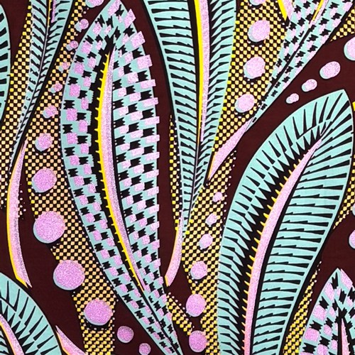 アフリカンプリント 布 生地 50cm単位 AP-13744　ゆらゆら格子柄の水中葉 ピンクラメ グレーグリーン 黄色 赤茶　アフリカ 布 ブロード カットクロス ハンドメイド パッチワーク エコバッグ 手芸材料 ダンス 舞台 衣装 通園通学に