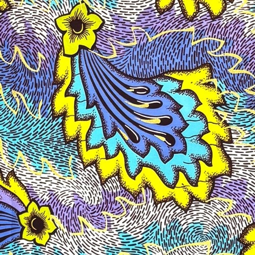 アフリカンプリント 布 生地 50cm単位 AP-13757　キラキラカミナリのお花 ブルー系尾ひれ ギザギザ 金ラメ　アフリカ 布 ブロード カットクロス ハンドメイド パッチワーク エコバッグ 手芸材料 ダンス 舞台 衣装 通園通学に