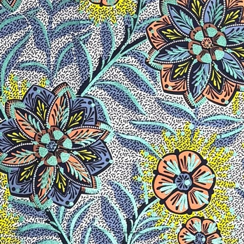 アフリカンプリント 布 生地 50cm単位 AP-13753　キラキラお花フィールド 茎 葉っぱ グレー 黄色 グリーンラメ　アフリカ 布 ブロード カットクロス ハンドメイド パッチワーク エコバッグ 手芸材料 ダンス 舞台 衣装 通園通学に