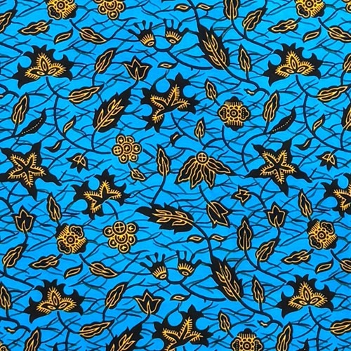 アフリカンプリント 布 生地 50cm単位 AP-13766　海中の小花 葉っぱ ブルー 黒 黄色　アフリカ 布 ブロード カットクロス ハンドメイド パッチワーク エコバッグ 手芸材料 ダンス 舞台 衣装 通園通学に