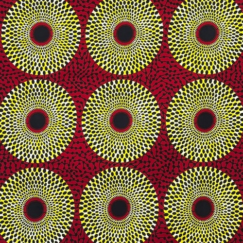 アフリカンプリント 布 生地 50cm単位 AP-13769　水紋 バブルイエロー 赤地　アフリカ 布 ブロード カットクロス ハンドメイド パッチワーク エコバッグ 手芸材料 ダンス 舞台 衣装 通園通学に