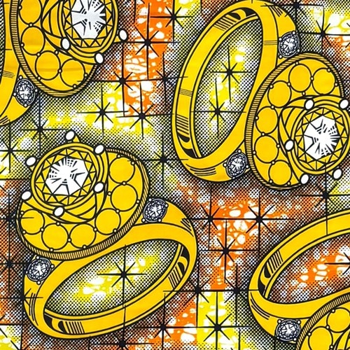 アフリカンプリント 布 生地 50cm単位 AP-13770　黄色リング キラキラ ダイヤモンド オレンジ　アフリカ 布 ブロード カットクロス ハンドメイド パッチワーク エコバッグ 手芸材料 ダンス 舞台 衣装 通園通学に