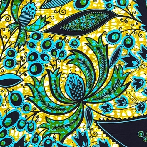 アフリカンプリント 布 生地 50cm単位 AP-13765　kawaii お花畑 黄土色バブル地 黒 ブルーグリーン　アフリカ 布 ブロード カットクロス ハンドメイド パッチワーク エコバッグ 手芸材料 ダンス 舞台 衣装 通園通学に