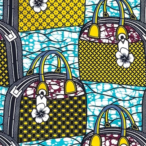 アフリカンプリント 布 生地 50cm単位 AP-13775　おでかけバッグ ビーチ カワイイ キイロ ブルー地　アフリカ 布 ブロード カットクロス ハンドメイド パッチワーク エコバッグ 手芸材料 ダンス 舞台 衣装 通園通学に 