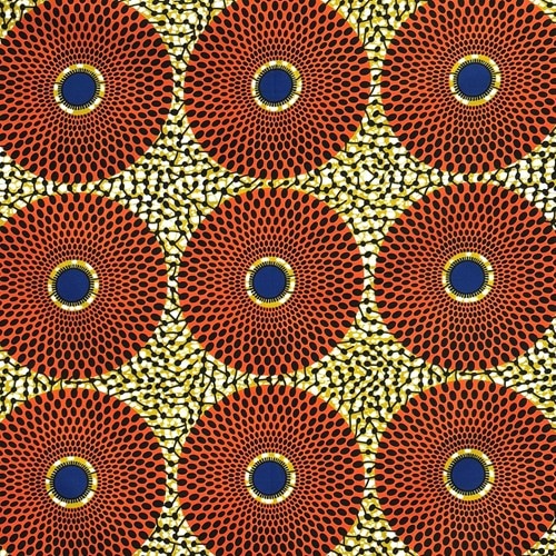 アフリカンプリント 布 生地 50cm単位 AP-13793　水紋 赤 紺色 黄土色地　アフリカ 布 ブロード カットクロス ハンドメイド パッチワーク エコバッグ 手芸材料 ダンス 舞台 衣装 通園通学に