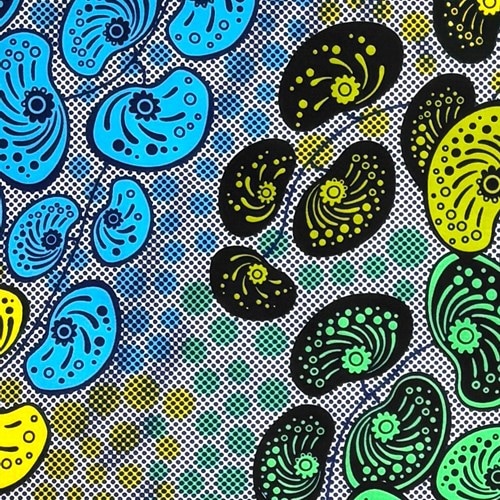 アフリカンプリント 布 生地 50cm単位 AP-13805　豆フラワーズ バブル カワイイ キイロ ブルー グリーン　アフリカ 布 ブロード カットクロス ハンドメイド パッチワーク エコバッグ 手芸材料 ダンス 舞台 衣装 通園通学に