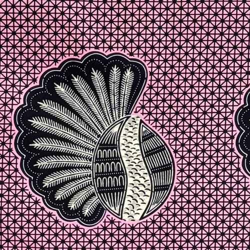 アフリカンプリント 布 生地 50cm単位 AP-13809　ヤシの実 椰子 黒見え濃紺 グレー ピンク地　アフリカ 布 ブロード カットクロス ハンドメイド パッチワーク エコバッグ 手芸材料 ダンス 舞台 衣装 通園通学に