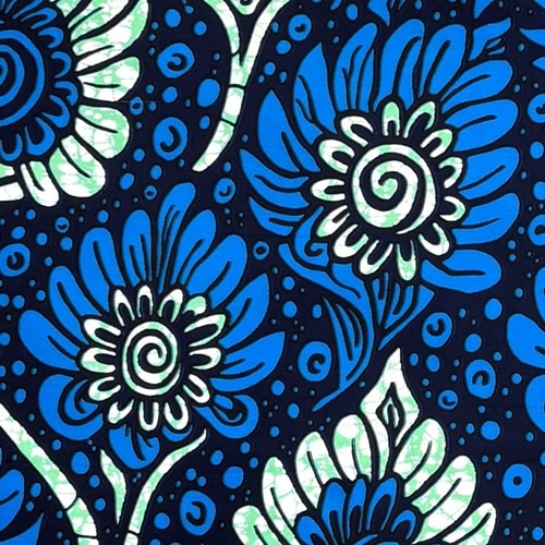 アフリカンプリント 布 生地 50cm単位 AP-13808　バブルフラワーズ 青 エメラルドグリーン 濃紺地　アフリカ 布 ブロード カットクロス ハンドメイド パッチワーク エコバッグ 手芸材料 ダンス 舞台 衣装 通園通学に