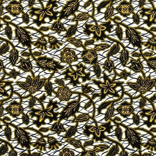 アフリカンプリント 布 生地 50cm単位 AP-13810　小花 葉っぱ 繁み 黒 黄色 ベージュ地　アフリカ 布 ブロード カットクロス ハンドメイド パッチワーク エコバッグ 手芸材料 ダンス 舞台 衣装 通園通学に