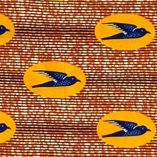 アフリカンプリント 布 生地 50cm単位 AP-13814　飛ぶ鳥 ツバメ 山吹色緑楕円に濃紺鳥 オレンジ色地　アフリカ 布 ブロード カットクロス ハンドメイド パッチワーク エコバッグ 手芸材料 ダンス 舞台 衣装 通園通学に