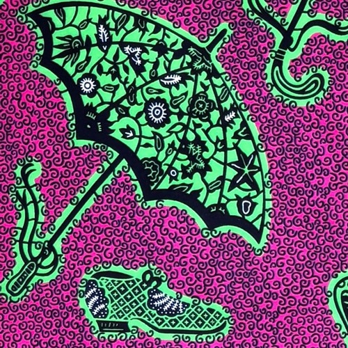 アフリカンプリント 布 生地 50cm単位 AP-13818　パラソル 靴 傘 シューズ エメラルドグリーン ピンク地　アフリカ 布 ブロード カットクロス ハンドメイド パッチワーク エコバッグ 手芸材料 ダンス 舞台 衣装 通園通学に