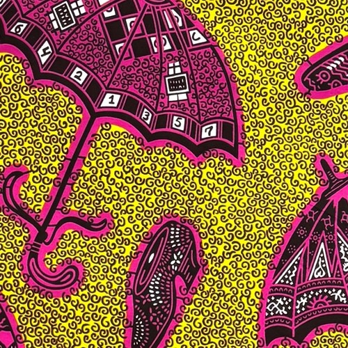 アフリカンプリント 布 生地 50cm単位 AP-13819　パラソル 靴 傘 シューズ ピンク キイロ地　アフリカ 布 ブロード カットクロス ハンドメイド パッチワーク エコバッグ 手芸材料 ダンス 舞台 衣装 通園通学に