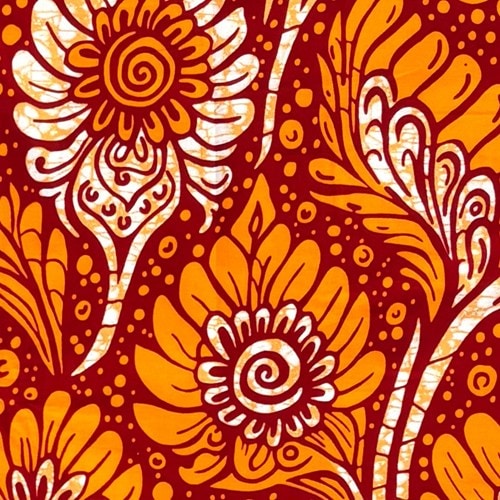 アフリカンプリント 布 生地 50cm単位 AP-13807　バブルフラワーズ 濃淡オレンジ 赤色地　アフリカ 布 ブロード カットクロス ハンドメイド パッチワーク エコバッグ 手芸材料 ダンス 舞台 衣装 通園通学に