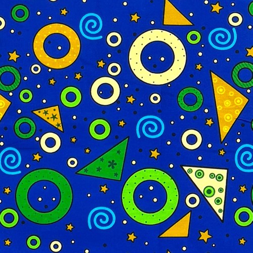 アフリカンプリント 布 生地 50cm単位 AP-13834　POP space 宇宙に浮かんだ丸 三角 星 グリーン 黄土色 青　アフリカ 布 ブロード カットクロス ハンドメイド パッチワーク エコバッグ 手芸材料 ダンス 舞台 衣装 通園通学に