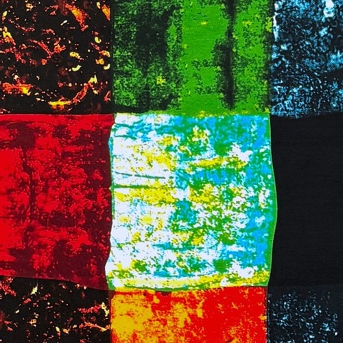 アフリカンプリント 布 生地 50cm単位 AP-13833　アフリカンプリント的抽象画 黒 赤 青　アフリカ 布 ブロード カットクロス ハンドメイド パッチワーク エコバッグ 手芸材料 ダンス 舞台 衣装 通園通学に