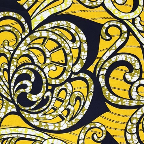 アフリカンプリント 布 生地 50cm単位 AP-13855　金属的葵紋様 黄色地　アフリカ 布 ブロード カットクロス ハンドメイド パッチワーク エコバッグ 手芸材料 ダンス 舞台 衣装 通園通学に