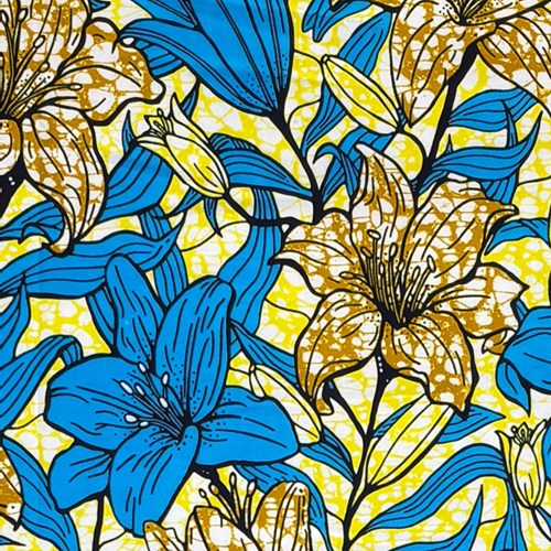 アフリカンプリント 布 生地 50cm単位 AP-13869　百合 リリー ブルー 黄土色 イエロー地　アフリカ 布 ブロード カットクロス ハンドメイド パッチワーク エコバッグ 手芸材料 ダンス 舞台 衣装 通園通学に