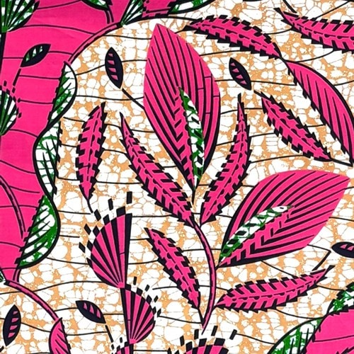 アフリカンプリント 布 生地 50cm単位 AP-13859　立ち昇るDancing葉っぱ ピンク　アフリカ 布 ブロード カットクロス ハンドメイド パッチワーク エコバッグ 手芸材料 ダンス 舞台 衣装 通園通学に