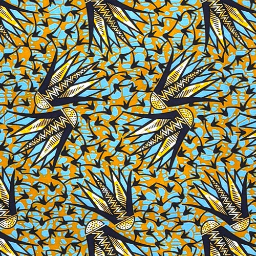 アフリカンプリント 布 生地 50cm単位 AP-13862　吹矢の飾り トライブ系 ブルー オレンジ　アフリカ 布 ブロード カットクロス ハンドメイド パッチワーク エコバッグ 手芸材料 ダンス 舞台 衣装 通園通学に