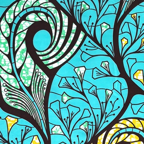 アフリカンプリント 布 生地 50cm単位 AP-13856　カーリー笹の葉 水色 ブルー黄土色　アフリカ 布 ブロード カットクロス ハンドメイド パッチワーク エコバッグ 手芸材料 ダンス 舞台 衣装 通園通学に