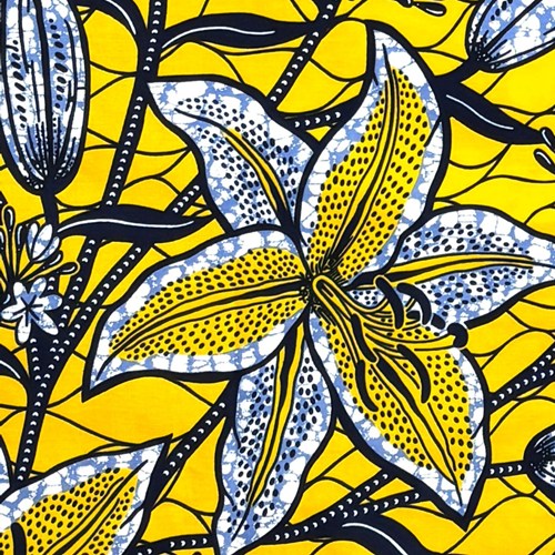 アフリカンプリント 布 生地 50cm単位 AP-13896　咲き誇る百合 カサブランカ 黄色　アフリカ 布 ブロード カットクロス ハンドメイド パッチワーク エコバッグ 手芸材料 ダンス 舞台 衣装 通園通学に