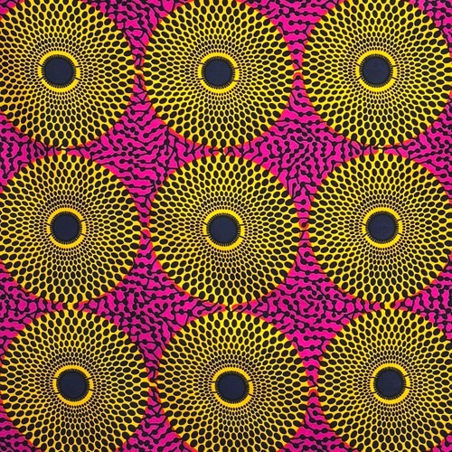 アフリカンプリント 布 生地 50cm単位 AP-13884　水紋 ターゲット 山吹色丸 ピンク色地　アフリカ 布 ブロード カットクロス ハンドメイド パッチワーク エコバッグ 手芸材料 ダンス 舞台 衣装 通園通学に