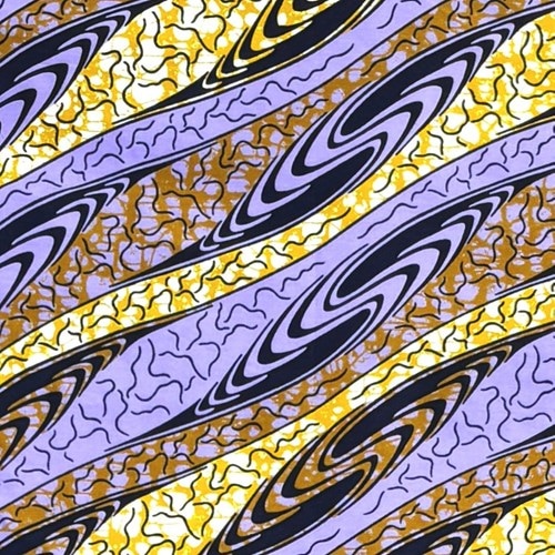 アフリカンプリント 布 生地 50cm単位 AP-13892　渦巻き らせんの嵐 パープル 濃紺 金茶　アフリカ 布 ブロード カットクロス ハンドメイド パッチワーク エコバッグ 手芸材料 ダンス 舞台 衣装 通園通学に