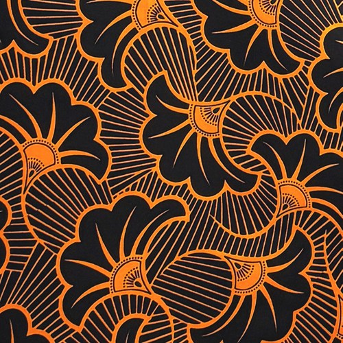 アフリカンプリント 布 生地 50cm単位 AP-13894　裏結婚式のブーケ 影絵の花 オレンジ 黒　アフリカ 布 ブロード カットクロス ハンドメイド パッチワーク エコバッグ 手芸材料 ダンス 舞台 衣装 通園通学に