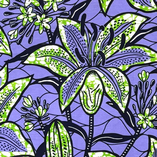 アフリカンプリント 布 生地 50cm単位 AP-13895　咲き誇る百合 カサブランカ パープル グリーン　アフリカ 布 ブロード カットクロス ハンドメイド パッチワーク エコバッグ 手芸材料 ダンス 舞台 衣装 通園通学に