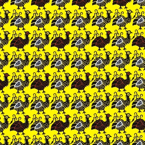 アフリカンプリント 布 生地 50cm単位 AP-13899　ミニほろほろ鳥の群れ ４cm角 黒ｘ赤茶 黒ｘ白 黄色地　アフリカ 布 ブロード カットクロス ハンドメイド パッチワーク エコバッグ 手芸材料 ダンス 舞台 衣装 通園通学に