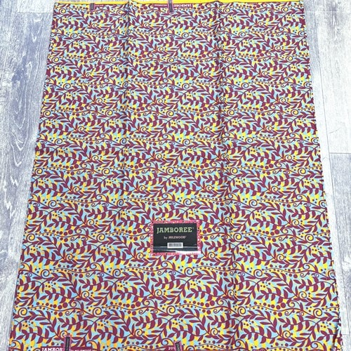 【サンプル処分】SP-117 ポリエステル製アフリカンプリント 6ヤード　赤とオレンジのつる草柄ブルー色地　アフリカンプリント アフリカ 布 ブロード カットクロス ハンドメイド パッチワーク エコバッグ 手芸材料 ダンス 舞台 衣装 通園通学に